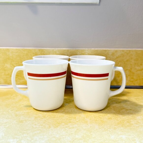 Vintage Corning Ware Mugs Set Of 4 White With Red Stripes 8 Oz - Picture 1 of 4